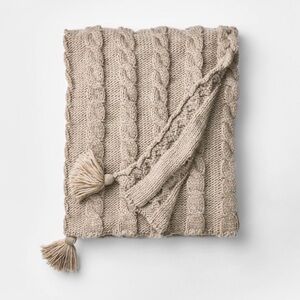 Studio McGee Taupe Cable Knit Throw with Tassels